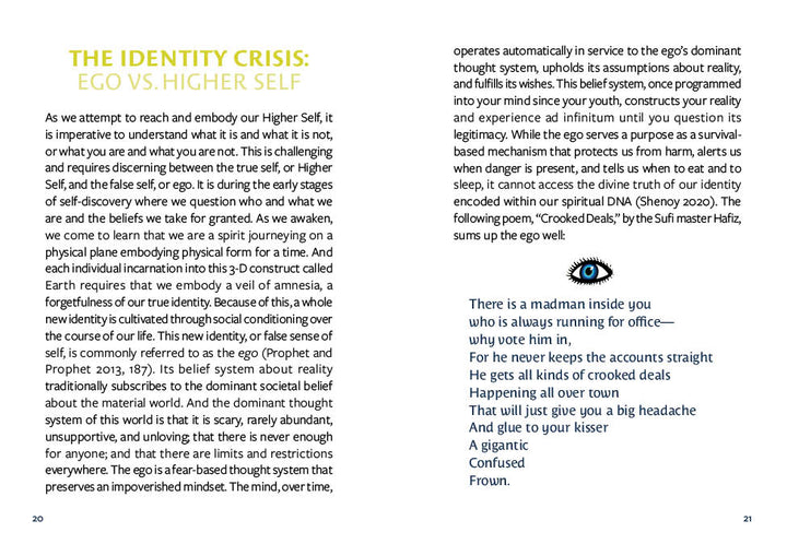 A book spread from Higher Self Oracle by Schiffer Publishing, Ltd. shows the left page titled "The Identity Crisis: Ego vs. Higher Self" with black and yellow text inspired by the oracle cards, while the right page holds more text and a blue poem, "There is always running in office.