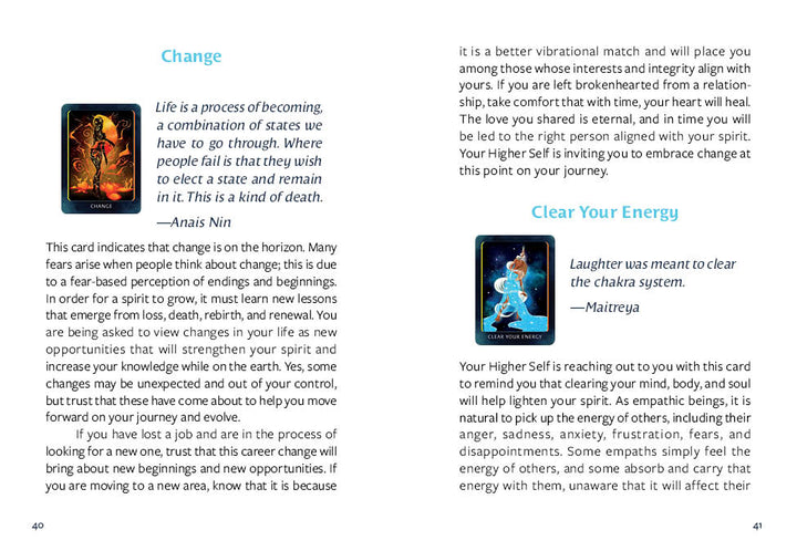 Two pages from Schiffer Publishing, Ltd.'s Higher Self Oracle show inspirational text, quotes, and guidance cards. The left page highlights embracing change with a tarot card; the right discusses clearing energy with a Higher Self Oracle card.