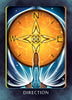 A woman in a blue dress stands before a radiant golden compass rose marked N, S, E, W as light swirls around her against a starry sky. Inspired by the Higher Self Oracle from Schiffer Publishing, Ltd., “DIRECTION” appears at the bottom.