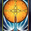 A woman in a blue dress stands before a radiant golden compass rose marked N, S, E, W as light swirls around her against a starry sky. Inspired by the Higher Self Oracle from Schiffer Publishing, Ltd., “DIRECTION” appears at the bottom.