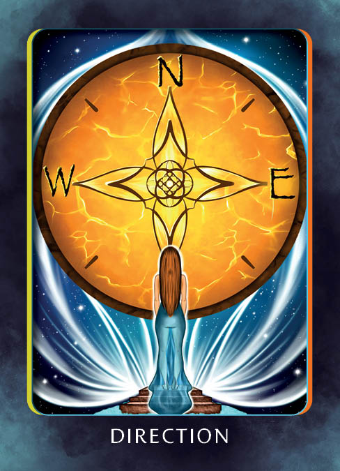 A woman in a blue dress stands before a radiant golden compass rose marked N, S, E, W as light swirls around her against a starry sky. Inspired by the Higher Self Oracle from Schiffer Publishing, Ltd., “DIRECTION” appears at the bottom.