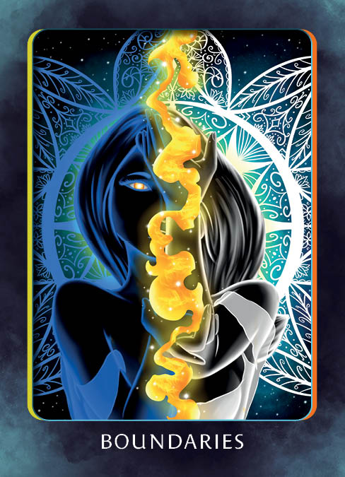 A stylized, split-colored figure stands before intricate patterns, divided by a glowing line of fire. BOUNDARIES appears below, reflecting the insightful themes of the Higher Self Oracle from Schiffer Publishing, Ltd.