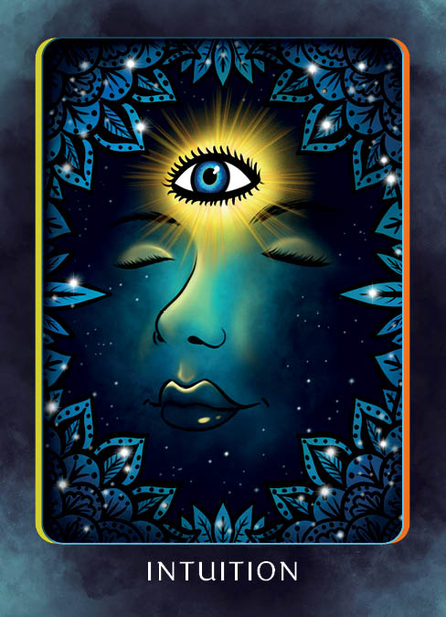 A mystical face with closed eyes, blue patterns, stars, and a glowing third eye radiating light appears above “Intuition”—an inspiring scene from the Higher Self Oracle by Schiffer Publishing, Ltd.