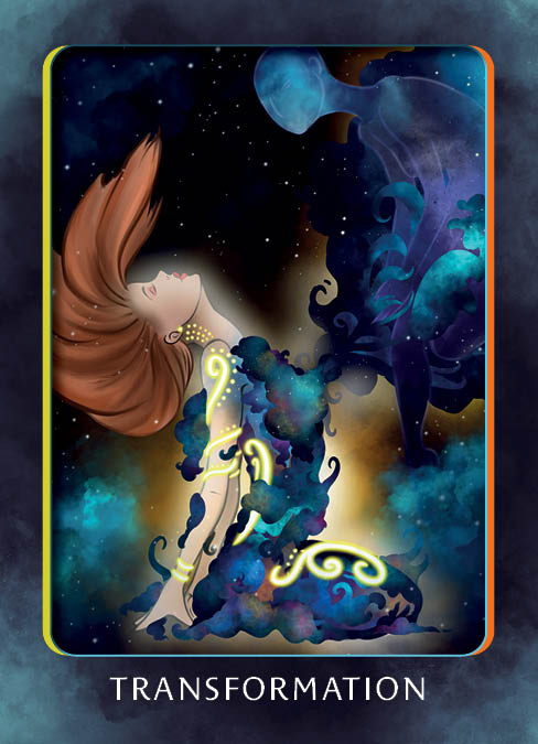 A woman with flowing hair and glowing tattoos kneels as blue and purple energy swirl around her, forming a mystical figure. Inspired by the Higher Self Oracle from Schiffer Publishing, Ltd., "TRANSFORMATION" appears at the bottom.