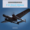 Book cover for P-61 Black Widow by Schiffer Publishing, Ltd., showcasing the legendary American night fighter—a sleek black P-61 Black Widow—soaring against a striking blue sky.