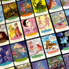 The Dream Your Joy Oracle Cards by Schiffer Publishing, Ltd. features a vibrant spread of whimsical illustrated cards, each with fantasy scenes, characters, and creatures—ideal for dream meditation—with descriptive titles and captions.