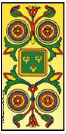 The Grand Universal Tarot by Schiffer Publishing, Ltd. features a Marseille-inspired design with ornate geometric and floral patterns, two circular motifs, a central green square with red and yellow shapes, and leafy accents on a yellow background.