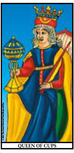 The Grand Universal Tarot by Schiffer Publishing, Ltd. features the Queen of Cups card—showing a crowned woman in vibrant robes on a throne, holding an ornate cup—with "QUEEN OF CUPS" at the bottom for striking divination.