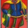 The Grand Universal Tarot by Schiffer Publishing, Ltd. features a Page of Swords card with a young person in a blue jacket, red pants, yellow hat, and long blonde hair, holding an upright sword—an inspiring choice for divination.