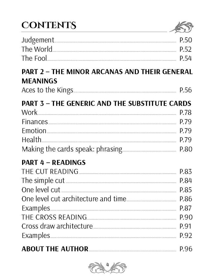 Table of contents page from The Grand Universal Tarot by Schiffer Publishing, Ltd., with sections on Judgement, The World, The Fool, Minor Arcana, readings, and card meanings, plus Marseille-inspired decorative elements.