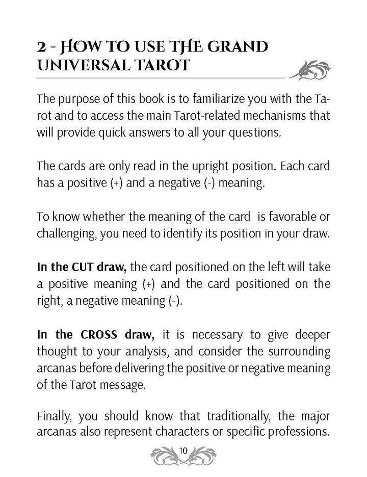 Page from Schiffer Publishing, Ltd.'s The Grand Universal Tarot book. It details reading upright card positions as positive or negative and describes the CUT and CROSS draws, featuring symbolic designs at the top and bottom of each page.