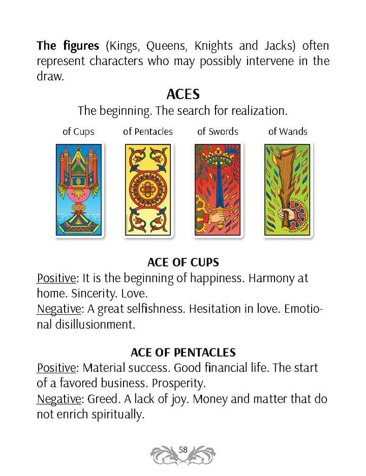A guidebook page from The Grand Universal Tarot by Schiffer Publishing, Ltd. illustrates Marseille-style court cards and all four aces, detailing their symbolism and divinatory meanings for both positive and negative interpretations.