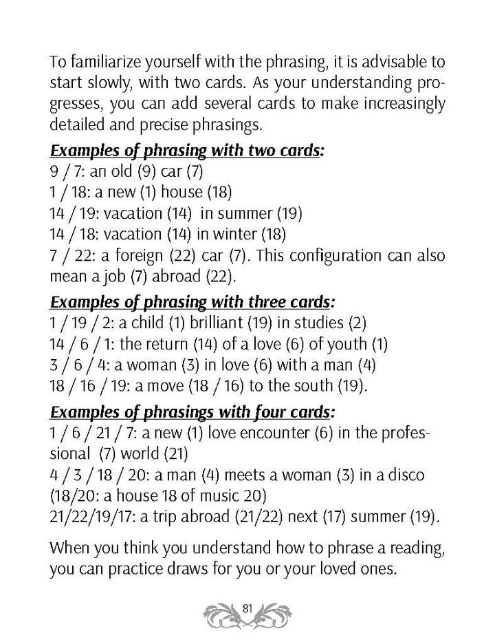 A page from The Grand Universal Tarot by Schiffer Publishing, Ltd. explains combining cards in Marseille style with examples of two-, three-, and four-card spreads, like old (9) car (17) and love encounter (6) at work (7).