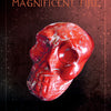 A polished red crystal skull with white streaks sits centered on a dark background. Above, “Oracle of the Crystal Skulls” by Schiffer Publishing, Ltd. is displayed in bold orange text, evoking mystery and spiritual evolution.