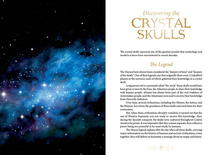 A spread from "Oracle of the Crystal Skulls" by Schiffer Publishing, Ltd. shows a starry blue cosmic background on the left and, on the right, text about the legend and spiritual significance of these mystical relics.