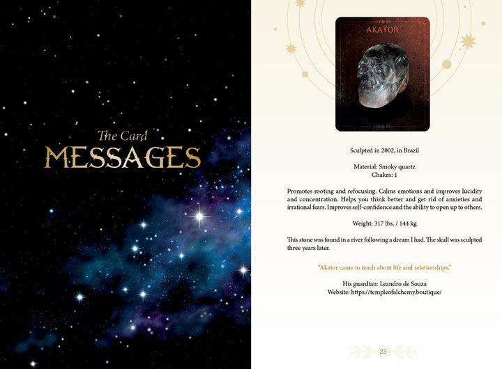 An open book from Schiffer Publishing, Ltd.'s "Oracle of the Crystal Skulls" displays a starry left page with "The Card Messages" and a right page showing a crystal skull, its details, and a quote on love’s link to spiritual evolution.