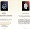 Two pages from Oracle of the Crystal Skulls by Schiffer Publishing, Ltd. feature crystal skulls—Cana Ixim (blue jade) and Clouds (quartz)—exploring their discovery, materials, symbolism, spiritual meaning, and guardians on pale decorative backgrounds.