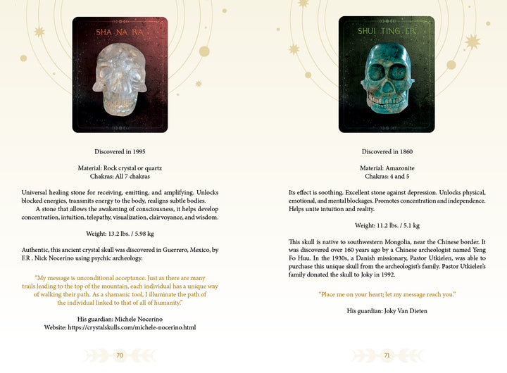 Two ancient crystal skulls from Oracle of the Crystal Skulls by Schiffer Publishing, Ltd.—clear quartz SHA NA RA on the left and green amazonite SHUI TING ER on the right—are displayed with insights into spiritual evolution provided beneath each.