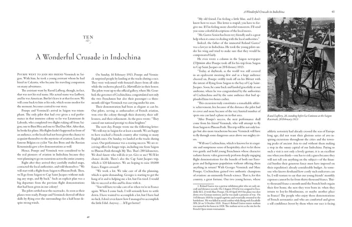 A spread from "Raoul Lufbery and Marc Pourpe" by Schiffer Publishing, Ltd. shows text on Indochina events and a black-and-white photo of early aviators near a vintage biplane with locals gathered around in a rural setting.