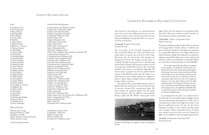 A spread from "Raoul Lufbery and Marc Pourpe" by Schiffer Publishing, Ltd. shows Lafayette Escadrille members like Raoul Lufbery on the left, and squadron locations with a photo of a plane and three uniformed men at Luxeuil on the right.