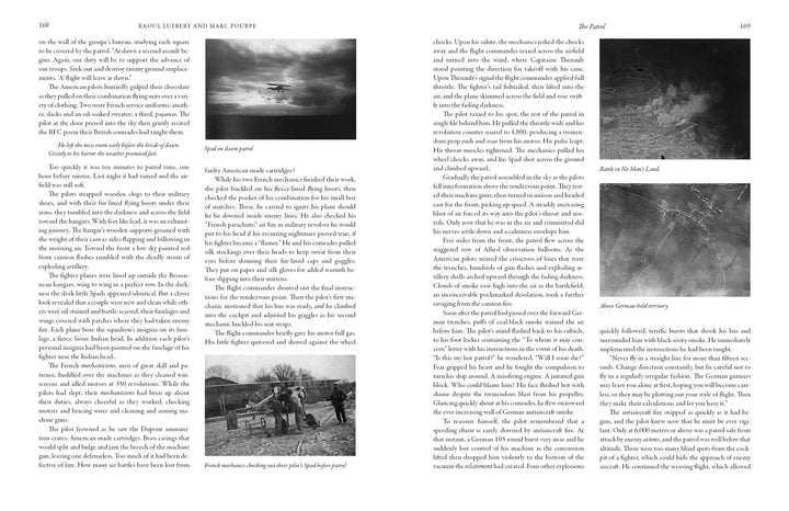Two book pages from "Raoul Lufbery and Marc Pourpe" (Schiffer Publishing, Ltd.) feature dense text and four black-and-white photos: helicopters, people on a dirt road, a nighttime landscape, and soldiers aiming weapons.