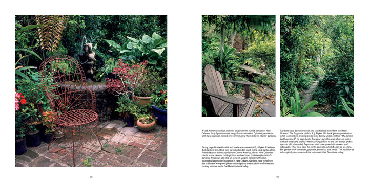 A vibrant garden scene from "New Orleans" by Schiffer Publishing, Ltd. features a red metal chair on a brick patio, potted plants, and dense greenery—evoking the 1990s NOLA creative spirit in home and garden photography.