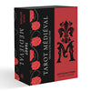 Tarot Médiéval by Schiffer Publishing, Ltd. is a box set featuring a medieval tarot deck with art by Wil Kinghan and guided by Caitlín Matthews. The red and black box shows roses, an ornate "M," and decorative symbols.