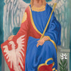 A majestic figure with wings and a crown sits enthroned, holding a scepter and a red shield with a white eagle, beside a lily and under twelve stars—a design from Schiffer Publishing, Ltd.'s Tarot Médiéval deck.