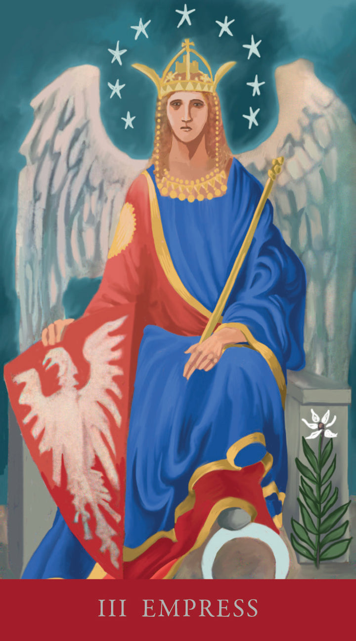 A majestic figure with wings and a crown sits enthroned, holding a scepter and a red shield with a white eagle, beside a lily and under twelve stars—a design from Schiffer Publishing, Ltd.'s Tarot Médiéval deck.