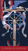 Tarot Médiéval by Schiffer Publishing, Ltd. features a Wheel of Fortune card with a central wheel, human and animal figures ascending or falling, plus symbolic elements such as swords, wings, and entwined serpents.