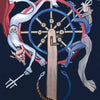 Tarot Médiéval by Schiffer Publishing, Ltd. features a Wheel of Fortune card with a central wheel, human and animal figures ascending or falling, plus symbolic elements such as swords, wings, and entwined serpents.