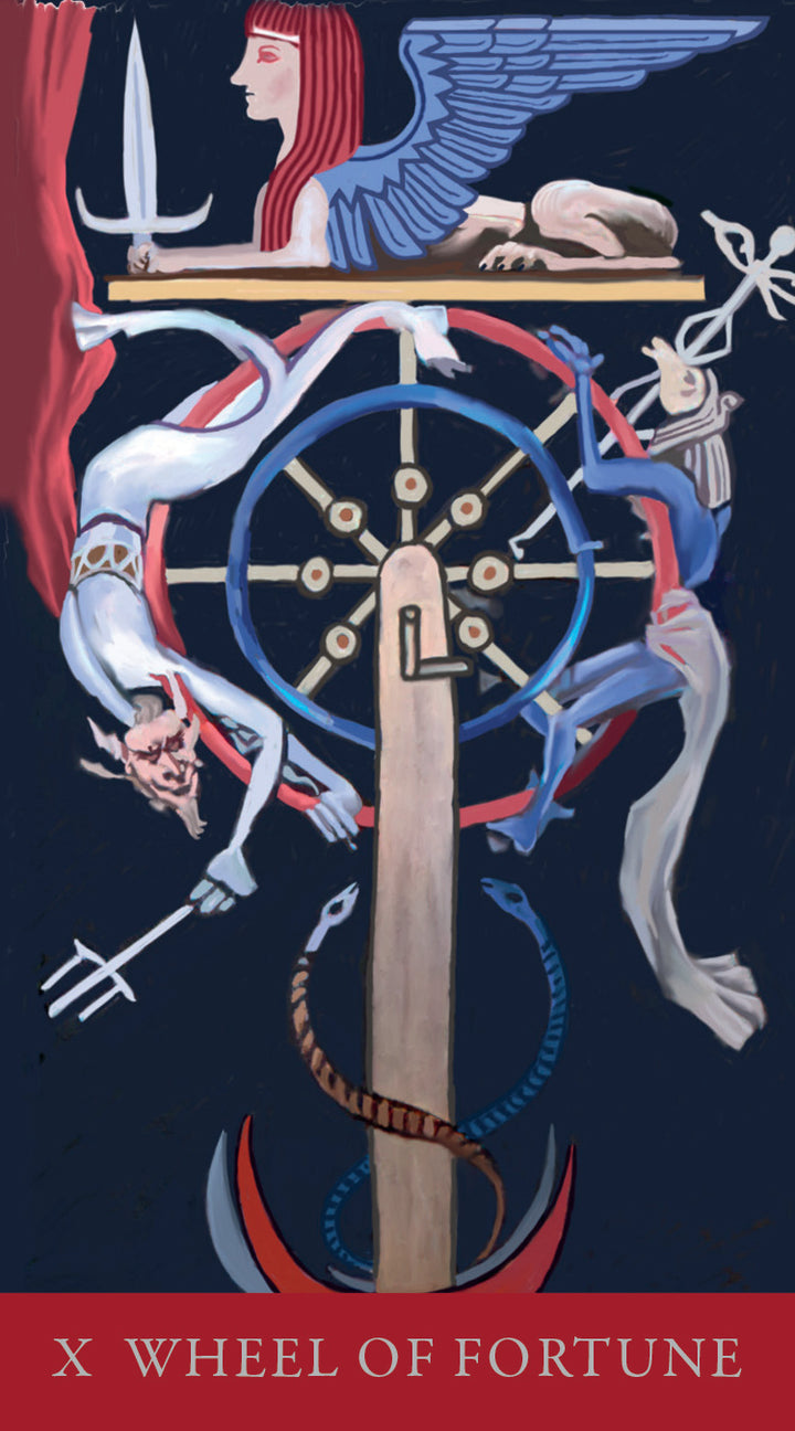 Tarot Médiéval by Schiffer Publishing, Ltd. features a Wheel of Fortune card with a central wheel, human and animal figures ascending or falling, plus symbolic elements such as swords, wings, and entwined serpents.