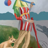 A whimsical jester in vibrant attire and hat walks with a dog near a cliff by a lake, inspired by Tarot Médiéval. The XXI FOOL card features a red banner at the bottom. Product: Tarot Médiéval by Schiffer Publishing, Ltd.