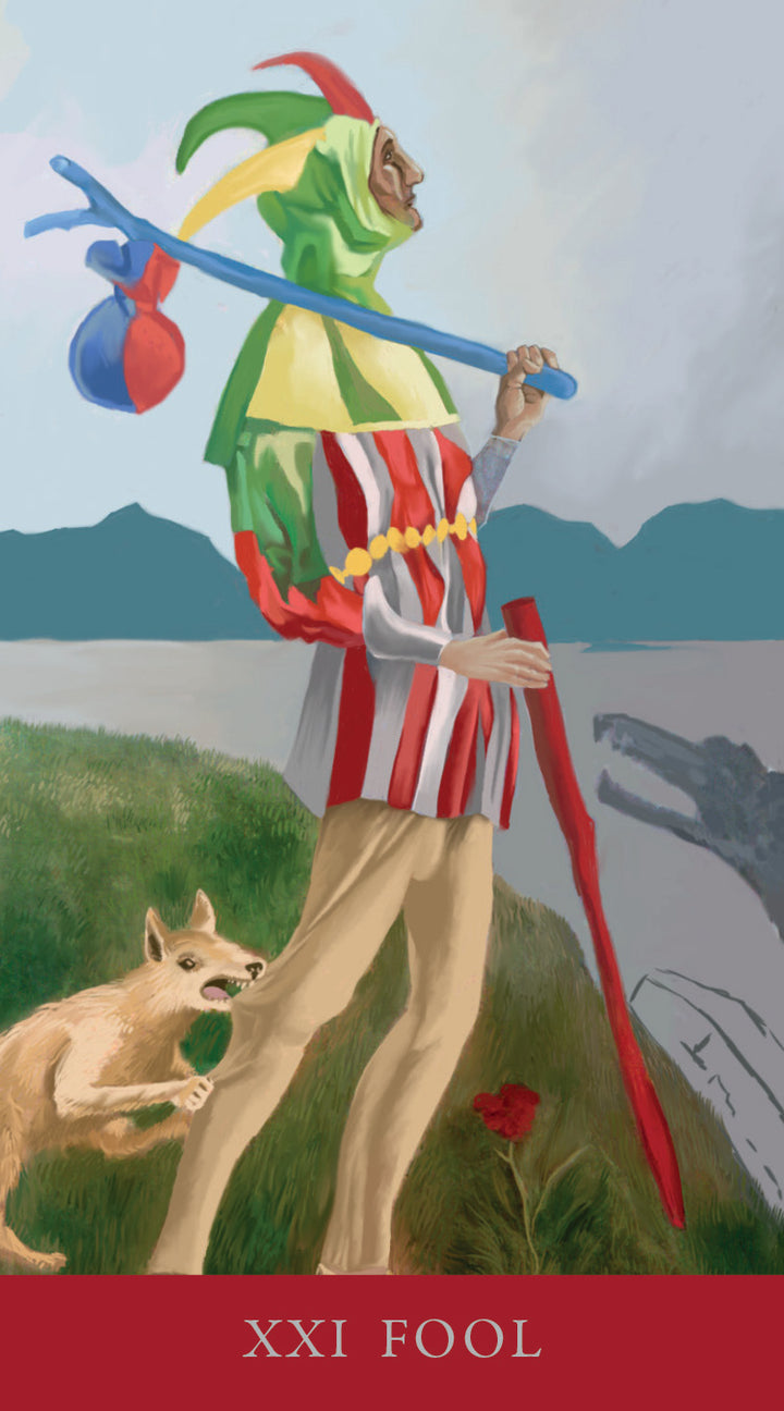 A whimsical jester in vibrant attire and hat walks with a dog near a cliff by a lake, inspired by Tarot Médiéval. The XXI FOOL card features a red banner at the bottom. Product: Tarot Médiéval by Schiffer Publishing, Ltd.