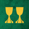 A green Tarot Médiéval card by Schiffer Publishing, Ltd. displays two yellow cups side by side, with the number 2 in white at the top left and bottom right corners, designed in a medieval style.