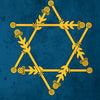 On the Tarot Médiéval card by Schiffer Publishing, Ltd., a yellow six-pointed star formed by ornate wands appears against a blue background. The numbers 6 and 9 are in the top left and bottom right corners, reflecting medieval tarot style.