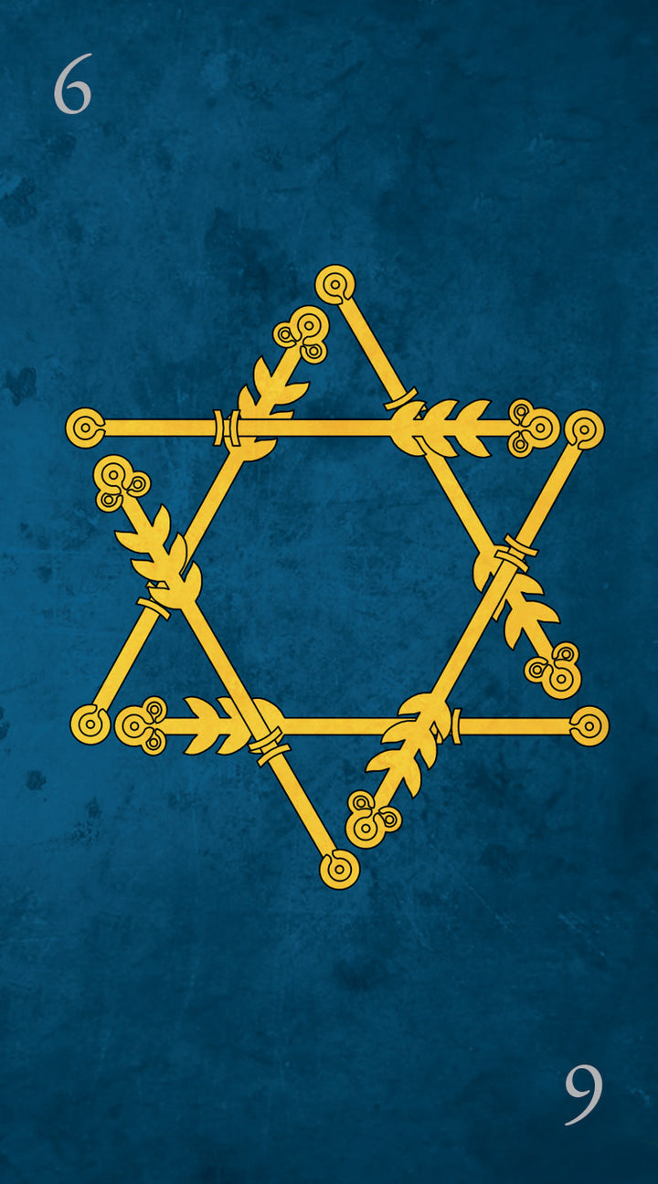 On the Tarot Médiéval card by Schiffer Publishing, Ltd., a yellow six-pointed star formed by ornate wands appears against a blue background. The numbers 6 and 9 are in the top left and bottom right corners, reflecting medieval tarot style.