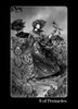 A woman in a patterned robe stands in a lush garden, holding a bird on her gloved hand. Nine pentacles are visible among the plants on the 9 of Pentacles card from the Nightfall Tarot by Schiffer Publishing, Ltd.