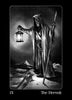 A robed, hooded figure with lantern and staff stands on rocky ground. The card reads IX The Hermit, symbolizing solitude, wisdom, and introspection in the Nightfall Tarot by Schiffer Publishing, Ltd.