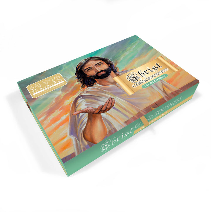 A rectangular oracle deck box labeled Christ Consciousness Self-Mastery Oracle by Schiffer Publishing, Ltd., displays Jesus extending his hand against a colorful sky, symbolizing spiritual growth.