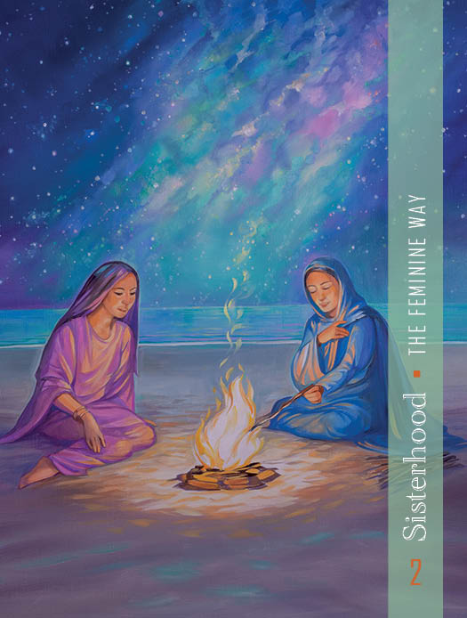 Two women in flowing robes sit by a campfire beneath a starry sky. "Christ Consciousness Self-Mastery Oracle" by Schiffer Publishing, Ltd. appears on the right, evoking sisterhood and spiritual growth like in an oracle deck.