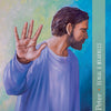 A bearded man in a blue robe raises his hand before a green-blue background, symbolizing spiritual evolution. "Peter • Denial & Weakness" appears on the side. From the Christ Consciousness Self-Mastery Oracle by Schiffer Publishing, Ltd.