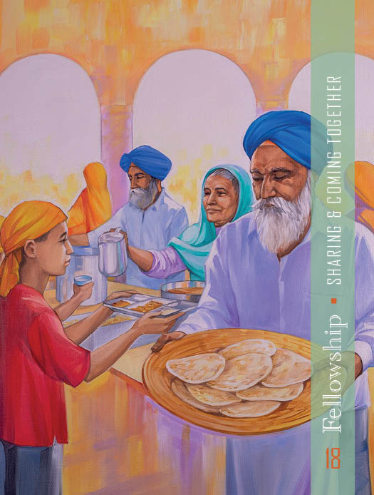 Volunteers share food at a community meal, inspiring spiritual growth. Colorful turbans and scarves fill the warm scene. Text reads: “Fellowship: Sharing & Coming Together.” Featured: Christ Consciousness Self-Mastery Oracle by Schiffer Publishing, Ltd.