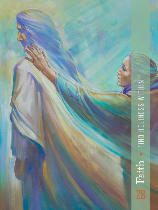 A serene image from the Christ Consciousness Self-Mastery Oracle by Schiffer Publishing, Ltd. shows a woman reaching to touch a bearded man's robe, glowing with peaceful colors. Text: Faith • Find Holiness Within • 28.