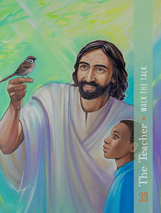 A man in white robes holds a bird as a child admires him, surrounded by colorful light symbolizing Christ Consciousness. Text: "The Teacher: Walk the Talk 33." From the Christ Consciousness Self-Mastery Oracle by Schiffer Publishing, Ltd.