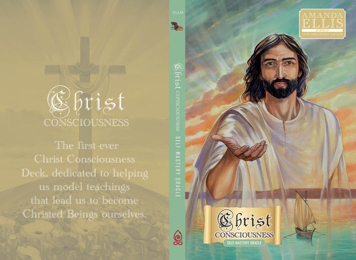 Book cover depicts illustrated Jesus with outstretched hand, sailboat, and cross. Christ Consciousness Self-Mastery Oracle by Schiffer Publishing, Ltd.—a light oracle deck for spiritual growth.