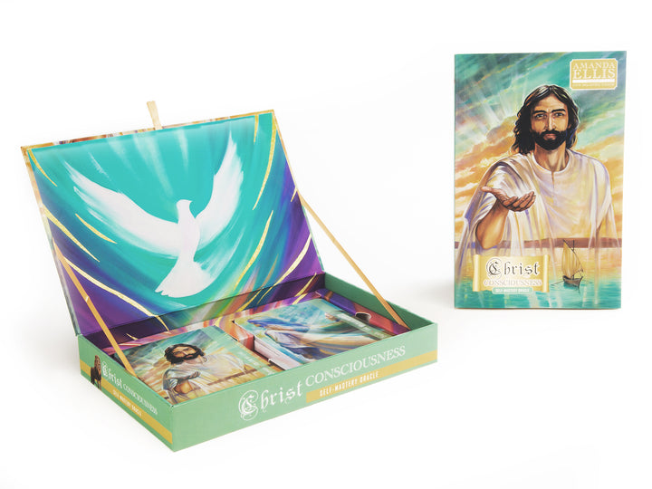 The Christ Consciousness Self-Mastery Oracle by Schiffer Publishing, Ltd. is shown boxed and open, with cards featuring a white dove and illustrated Jesus with a glowing heart—imagery inspiring spiritual growth.