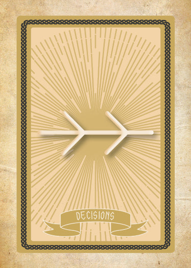 The Sigils card from Schiffer Publishing, Ltd. features a stylized branch splitting into two paths, symbolizing choice. Decorative sigils border the aged paper design, enhancing its sense of spiritual empowerment and mystique.