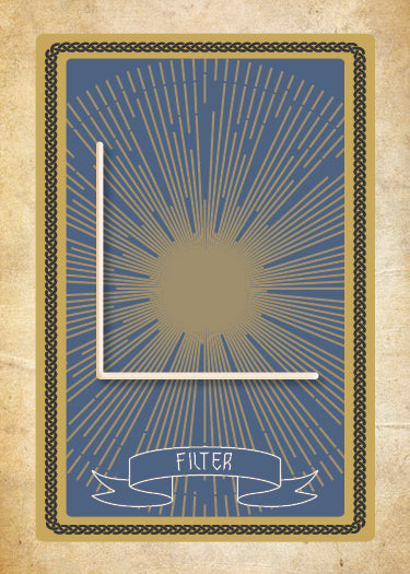 A tarot-style card by Schiffer Publishing, Ltd.—"Sigils" features a sunburst pattern, bold white L-shaped line, and FILTER ribbon on vintage textured background—perfect for spiritual empowerment and manifestation.