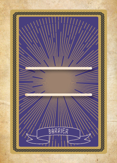 The Sigils playing card by Schiffer Publishing, Ltd. features a purple and gold starburst, two beige bars, a “BARRIER” banner at the bottom, and intricate sigils on the decorative textured border.